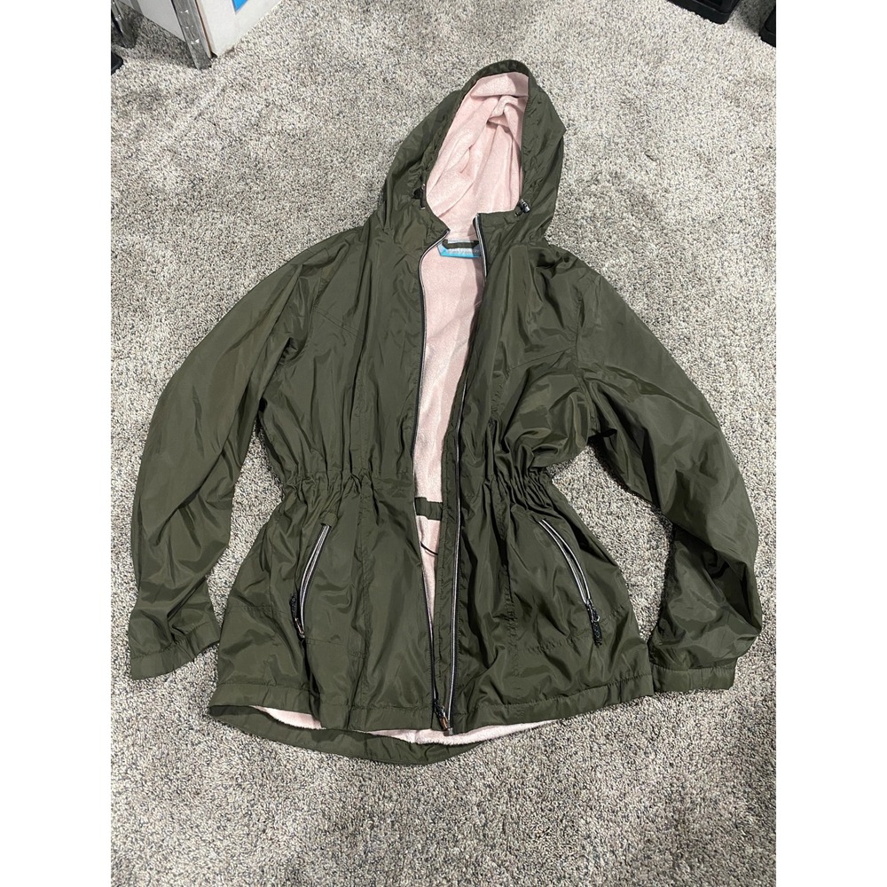 Free Country Windbreaker Women Faux Fur Lined Olive Pink Large broken ZIPPER